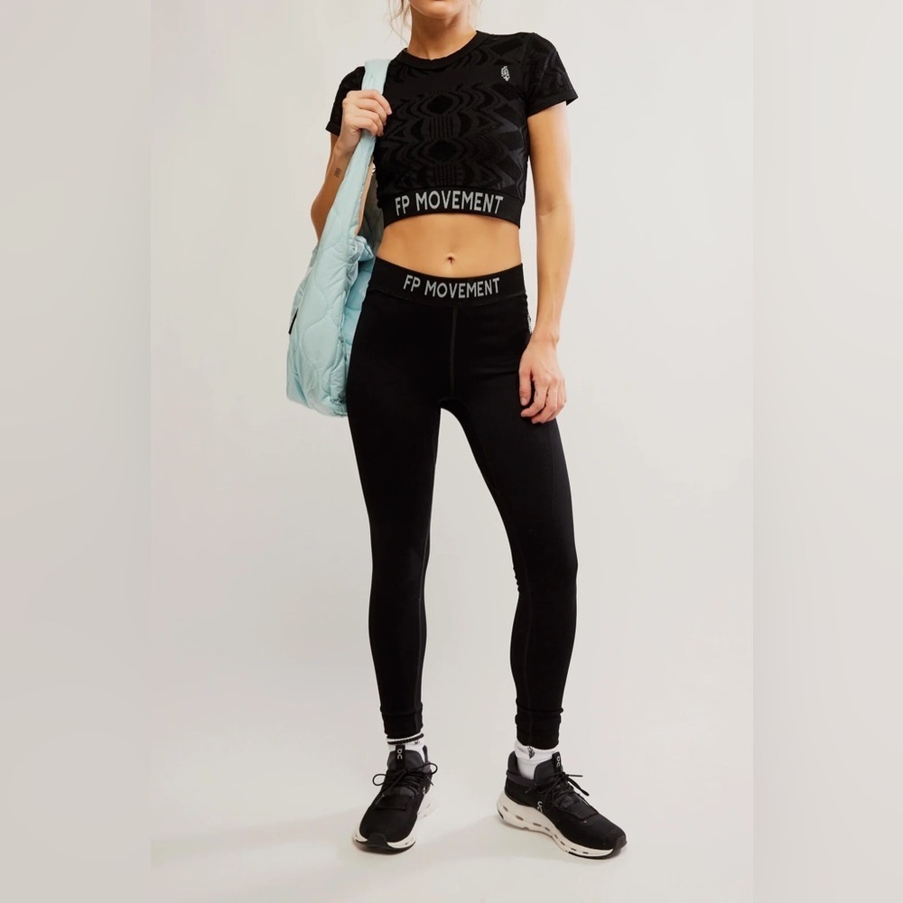 NWOT Free People FP Movement Long Haul Logo Ribbed Leggings Black Athletic Pants - Picture 9 of 11